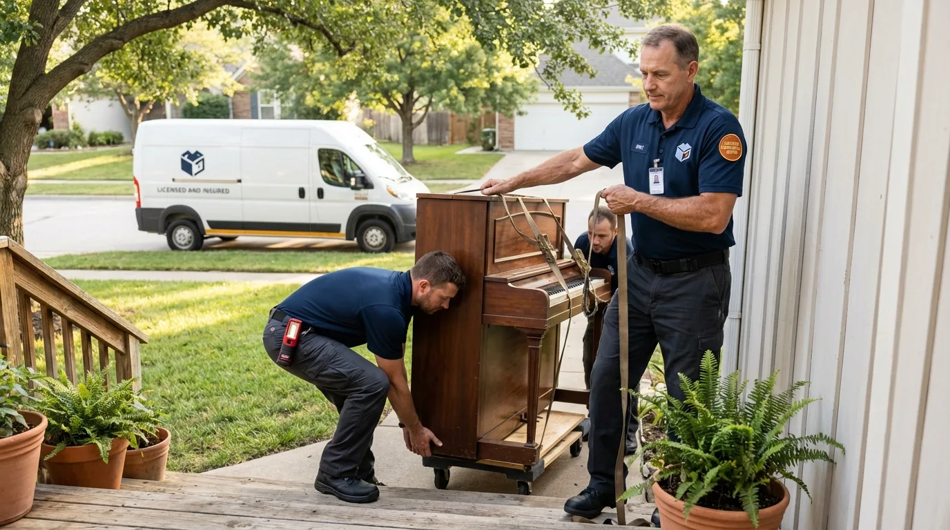 Licensed piano movers securing grand piano in Woodland Park, CO