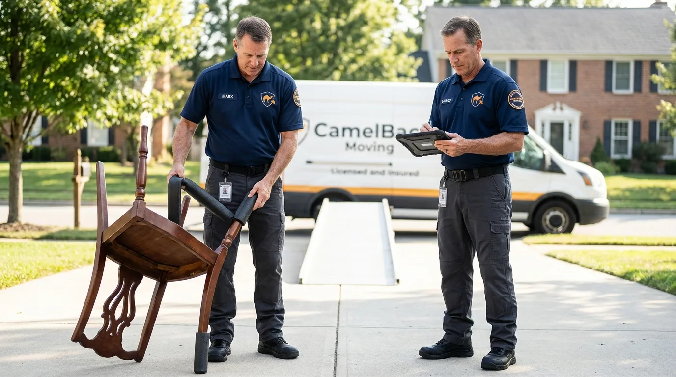 Movers inspecting furniture for damage prevention before loading in Woodland Park, CO