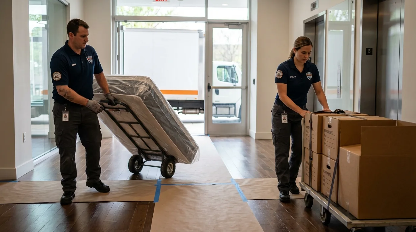 Professional apartment movers loading elevator in Woodland Park, CO