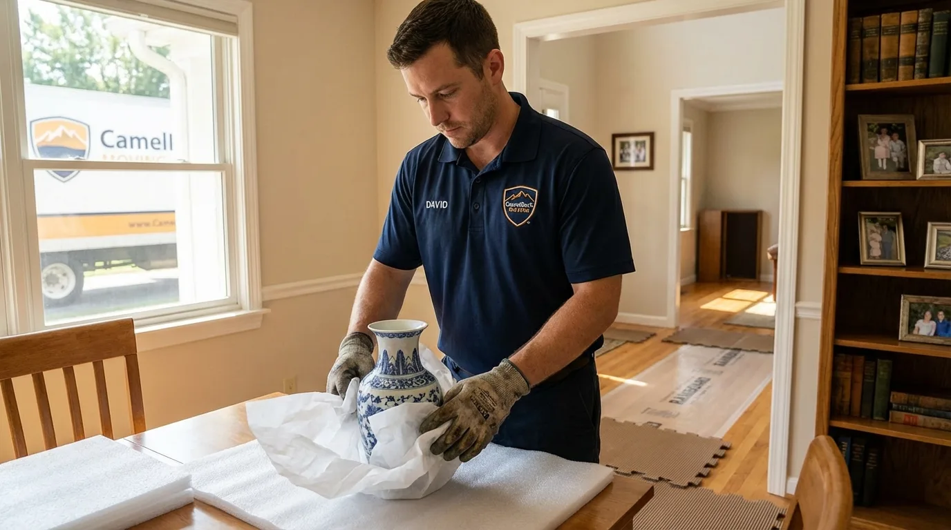 Professional crew carefully wrapping antique vase for senior downsizing move in Woodland Park, CO